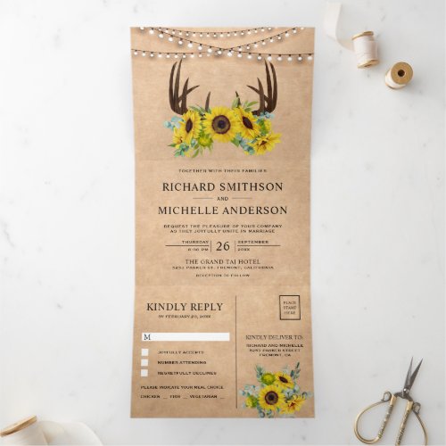 Rustic Kraft Sunflowers Floral Antlers Wedding Tri_Fold Invitation