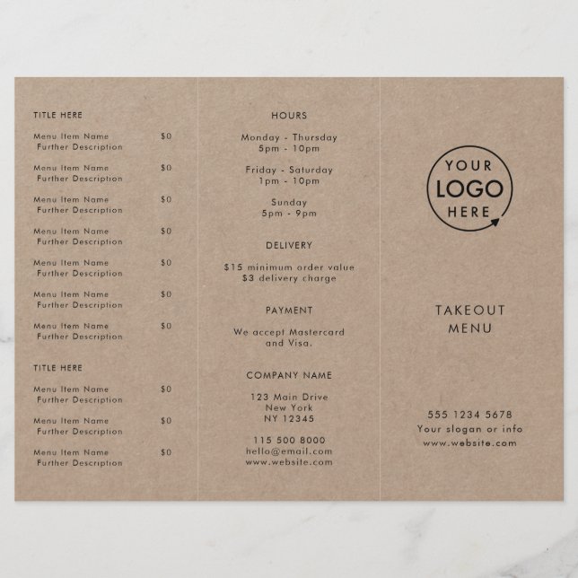 Rustic Kraft Takeout | Restaurant Takeaway Menu (Front)