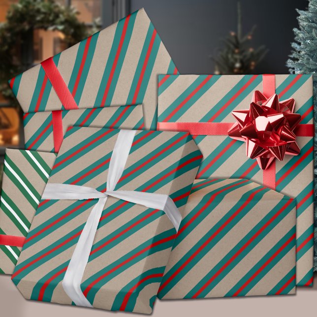 Rustic Kraft Teal Green Red Wide Stripe Holiday Wrapping Paper Sheets (Rustic Kraft Teal Red Wide Stripe Holiday Wrapping Paper Sheets Trio)
