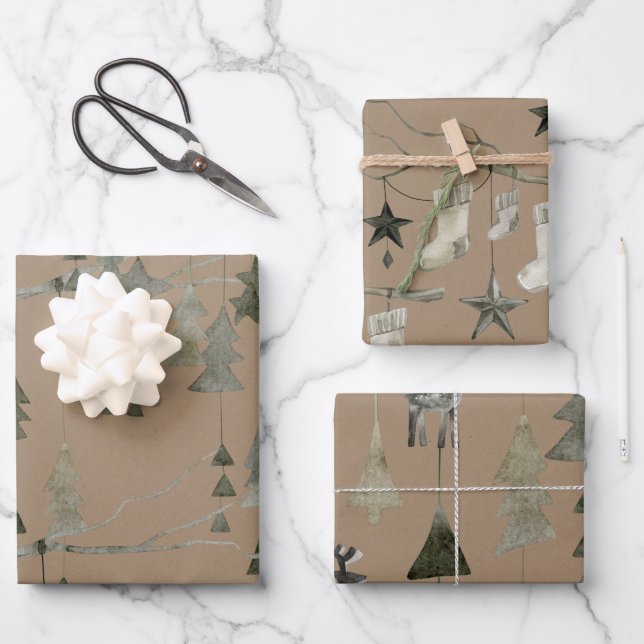 Rustic Kraft Tree Branch Christmas Ornaments Wrapping Paper Sheets (Front)