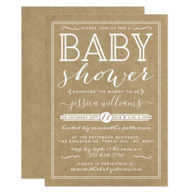Rustic Kraft Trendy Typography Baby Shower Invitation
