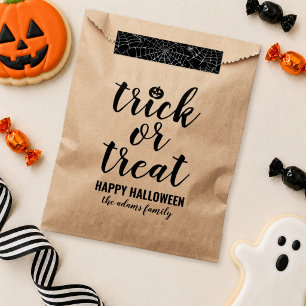 Rustic Kraft Trick or Treat Script Family Name Favor Bag