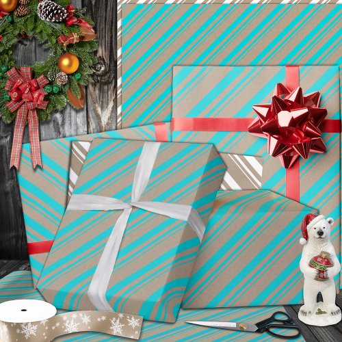 Rustic Kraft Turquoise Aqua Blue Stripes Holiday Wrapping Paper