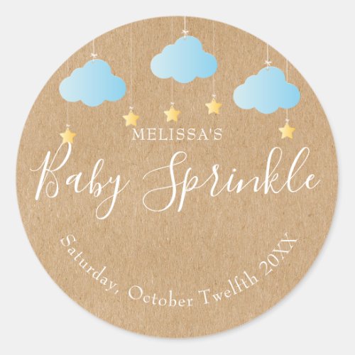 Rustic kraft twinkle sprinkle baby shower blue classic round sticker