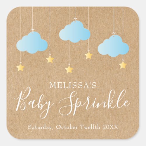 Rustic kraft twinkle sprinkle baby shower blue square sticker