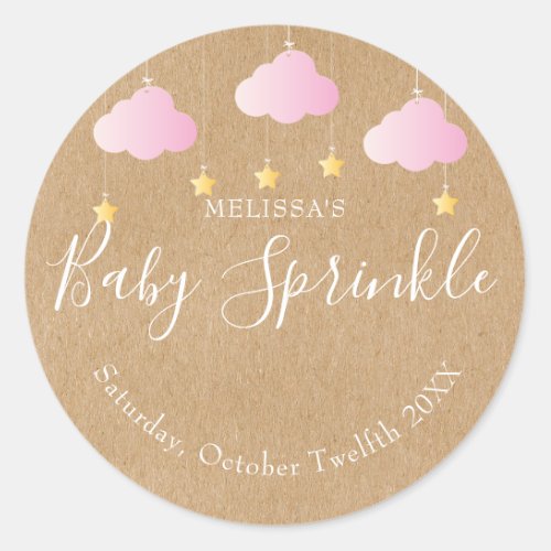 Rustic kraft twinkle sprinkle baby shower pink classic round sticker
