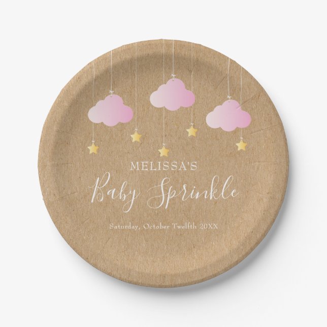 Rustic kraft twinkle sprinkle baby shower pink paper plates (Front)