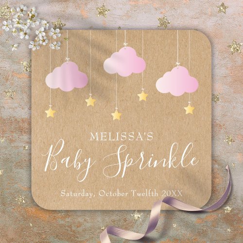 Rustic Kraft Twinkle Sprinkle Baby Shower Pink Square Sticker