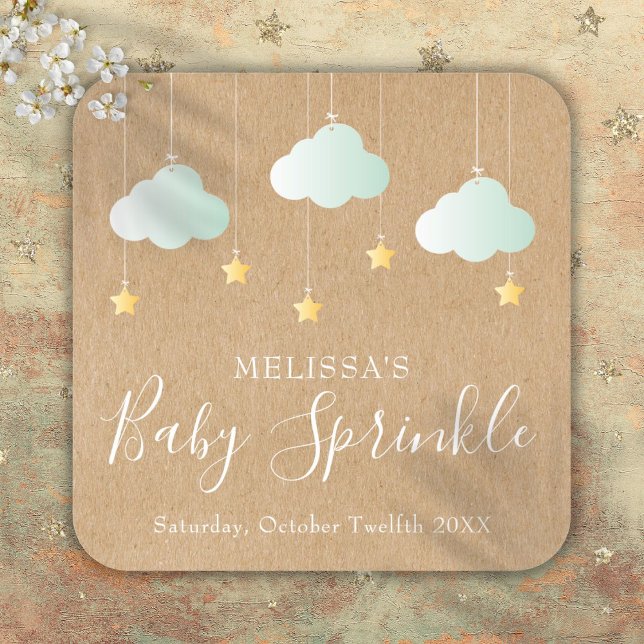Rustic Kraft Twinkle Sprinkle Baby Shower Square Sticker (Rustic Kraft Twinkle Sprinkle Baby Shower Square Sticker)