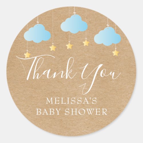 Rustic kraft twinkle twinkle baby shower blue classic round sticker