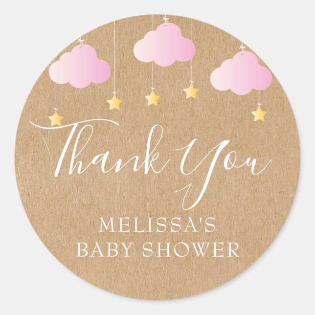 Rustic kraft twinkle twinkle baby shower pink classic round sticker (Front)