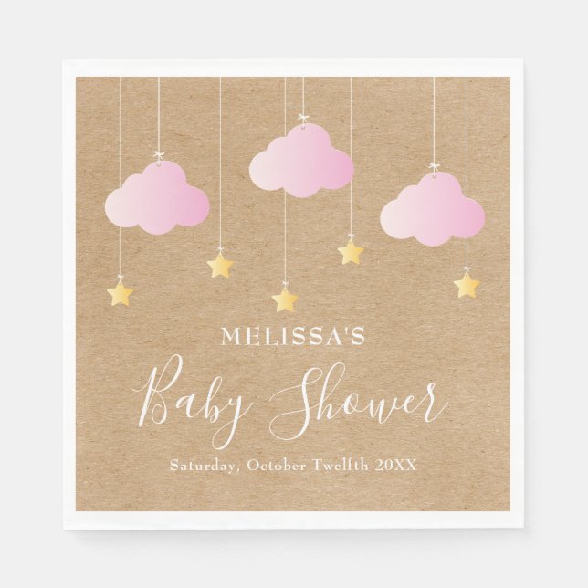 Rustic kraft twinkle twinkle baby shower pink napkins (Front)