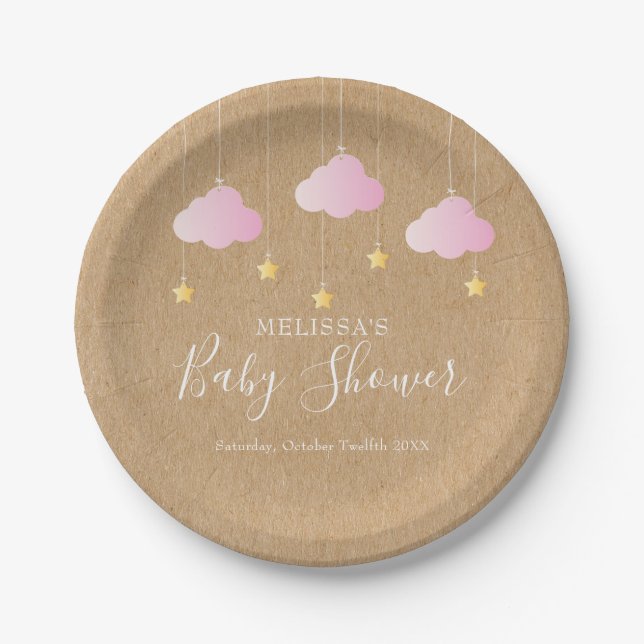 Rustic kraft twinkle twinkle baby shower pink paper plates (Front)