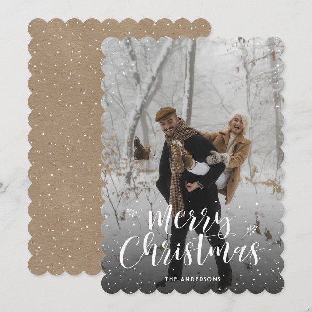 Rustic Kraft Typography Snow Photo Merry Christmas Holiday Card (Front/Back)