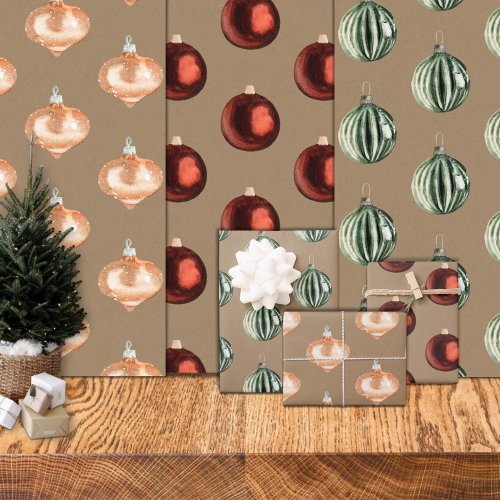 Rustic Kraft Vintage Christmas Tree Ornaments Wrapping Paper Sheets