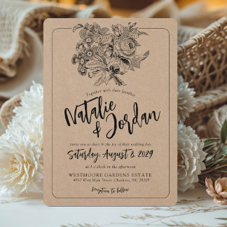 Rustic Kraft Vintage Floral Boho Botanical Wedding Invitation