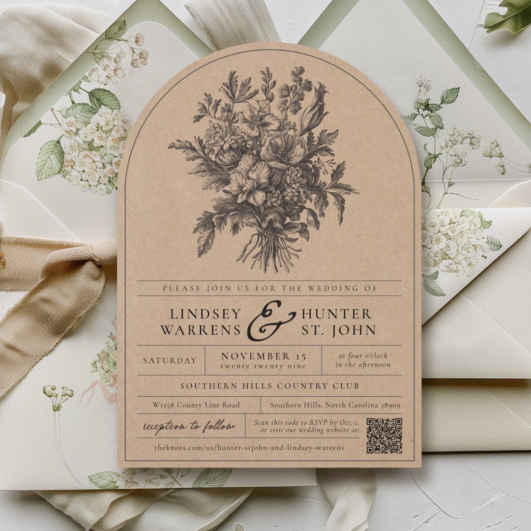 Rustic Kraft Vintage Floral Photo Arch Wedding Invitation (Rustic kraft & black arch wedding invitation with romantic garden fall vintage floral and monogram)