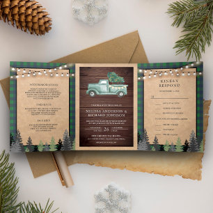 Rustic Kraft Vintage Green Christmas Truck Wedding Tri-Fold Invitation