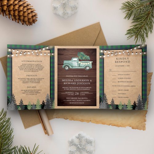 Rustic Kraft Vintage Green Christmas Truck Wedding Tri_Fold Invitation