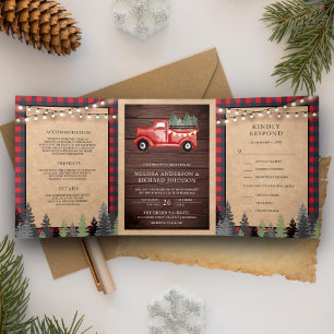 Rustic Kraft Vintage Red Christmas Truck Wedding Tri-Fold Invitation