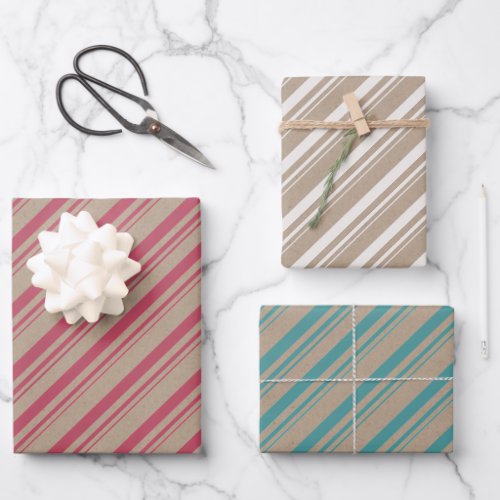 Rustic Kraft Vintage Red White Teal Candy Stripes Wrapping Paper Sheets