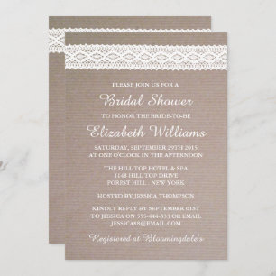 Rustic Kraft & Vintage White Lace Bridal Shower Invitation