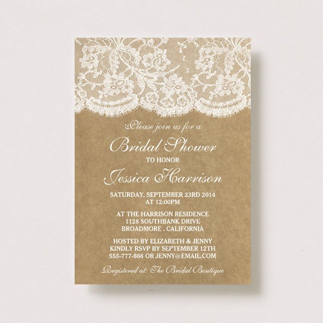 Rustic Kraft & Vintage White Lace Bridal Shower Invitation (Creator Uploaded)