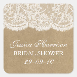 Rustic Kraft & Vintage White Lace Bridal Shower Square Sticker