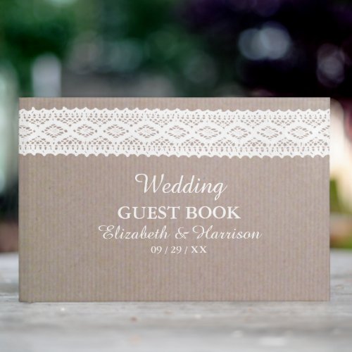 Rustic Kraft  Vintage White Lace Wedding Guest Book