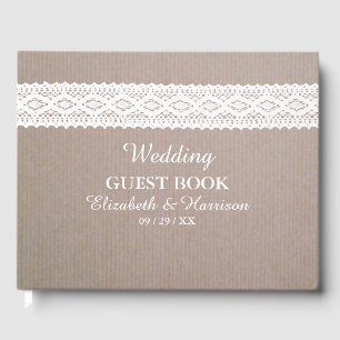 Rustic Kraft & Vintage White Lace Wedding Guest Book