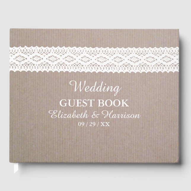 Rustic Kraft & Vintage White Lace Wedding Guest Book (Front)