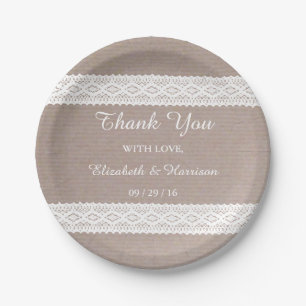 Rustic Kraft & Vintage White Lace Wedding Paper Plates