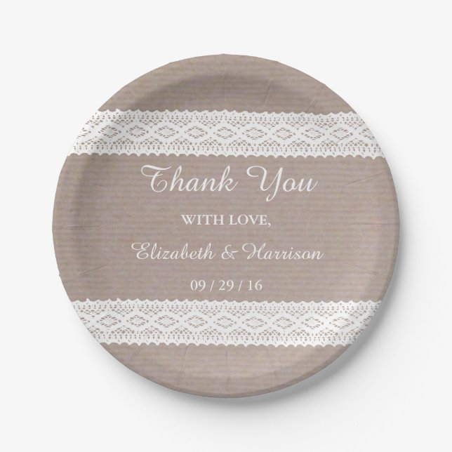 Rustic Kraft & Vintage White Lace Wedding Paper Plates (Front)