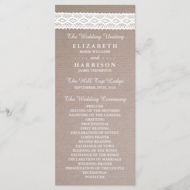 Rustic Kraft & Vintage White Lace Wedding Program (Front)