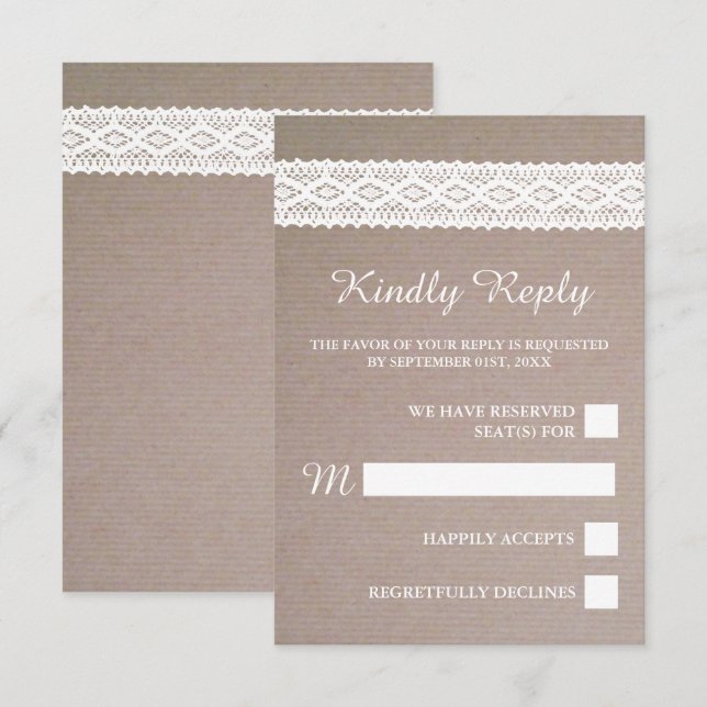 Rustic Kraft & Vintage White Lace Wedding RSVP Card (Front/Back)