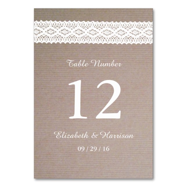 Rustic Kraft & Vintage White Lace Wedding Table Number (Front)