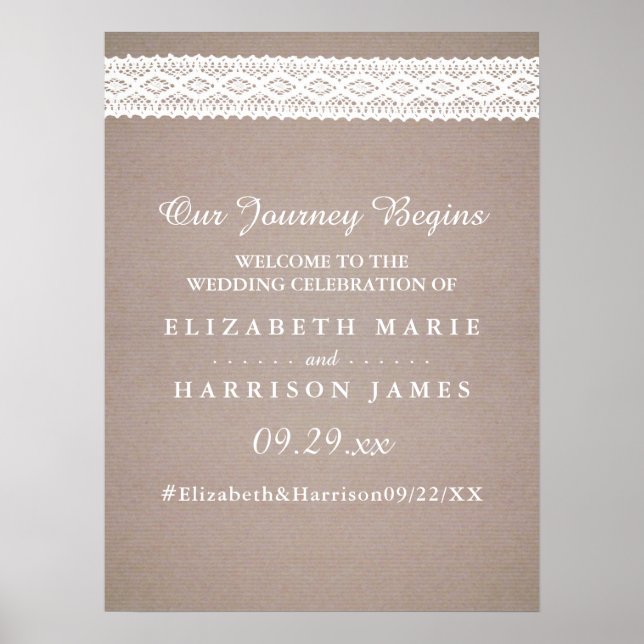 Rustic Kraft & Vintage White Lace Wedding Welcome Poster (Front)
