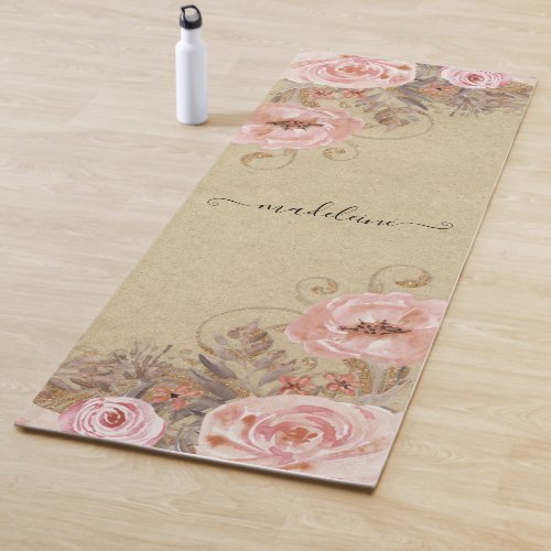 Rustic Kraft Watercolor Blush Floral Script Name Yoga Mat