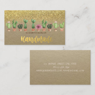 Rustic , Kraft, Watercolor Cactus Gold Glitter Business Card