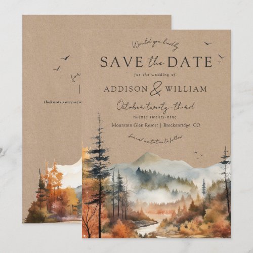 Rustic Kraft Watercolor Fall Tree Mountain Wedding Save The Date