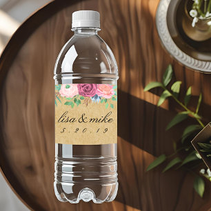 Rustic Kraft Watercolor Floral Wedding Water Bottle Label