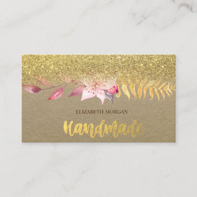 Rustic , Kraft, Watercolor Flower, Glitter Ombre Business Card (Front)