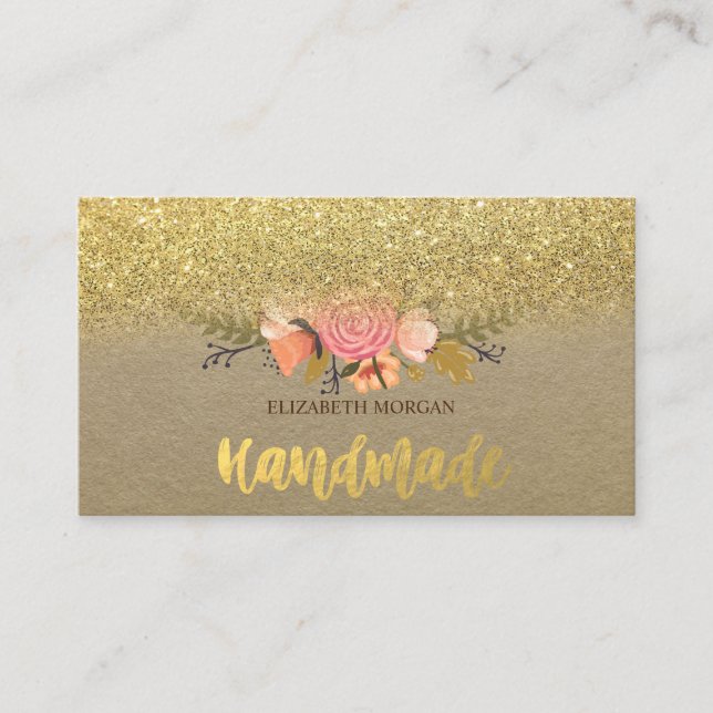 Rustic , Kraft, Watercolor Flower,Gold Glitter Business Card (Front)