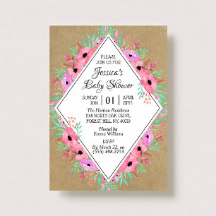 Rustic Kraft & Watercolor Flowers Baby Shower Invitation