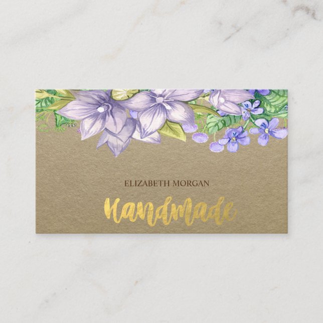 Rustic , Kraft, Watercolor Flowers Business Card (Front)