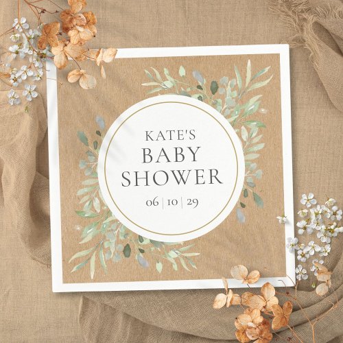 Rustic Kraft Watercolor Greenery Baby Shower Napkins