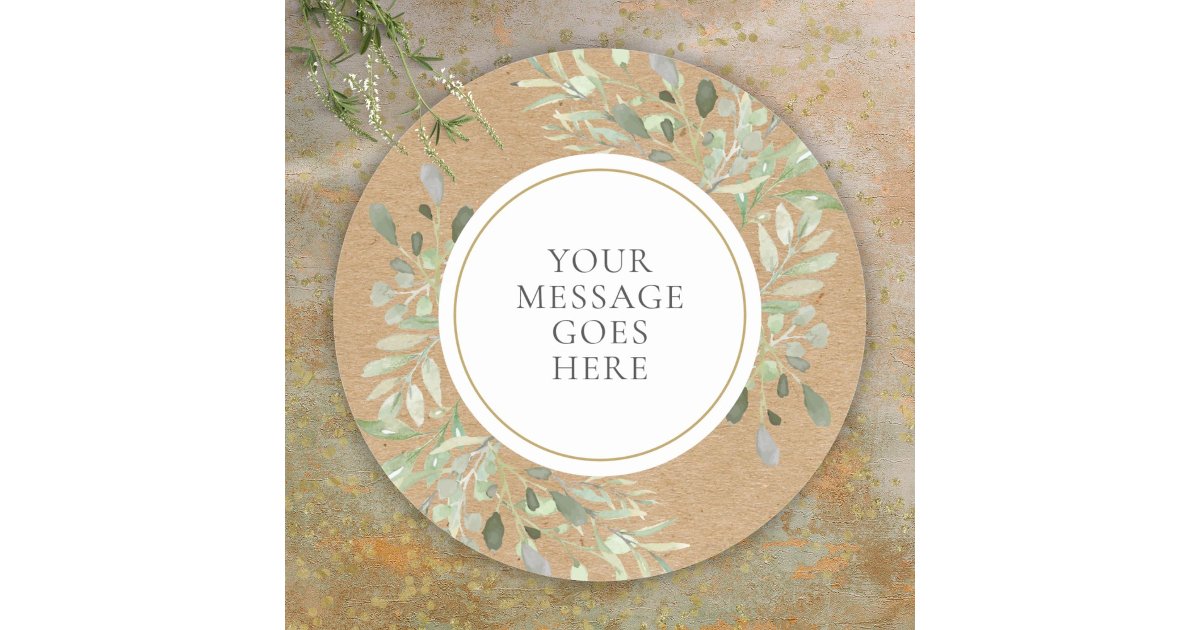 Rustic Kraft Watercolor Greenery Classic Round Sticker | Zazzle