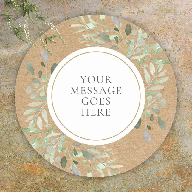 Rustic Kraft Watercolor Greenery Classic Round Sticker | Zazzle