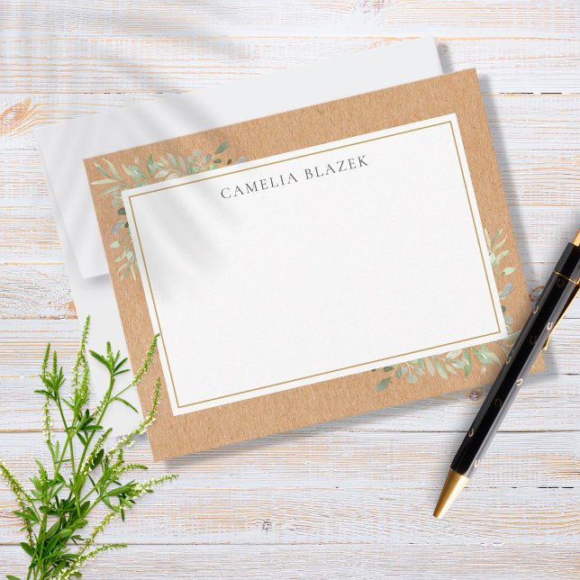 Rustic Kraft Watercolor Greenery Note Card (Creator Uploaded)