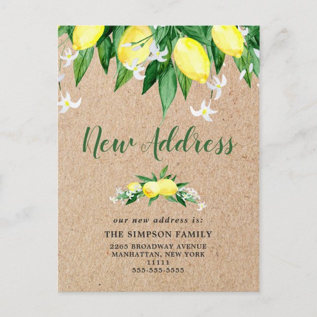 Rustic Kraft Watercolor Lemons Moving Announcement Postcard (Front)